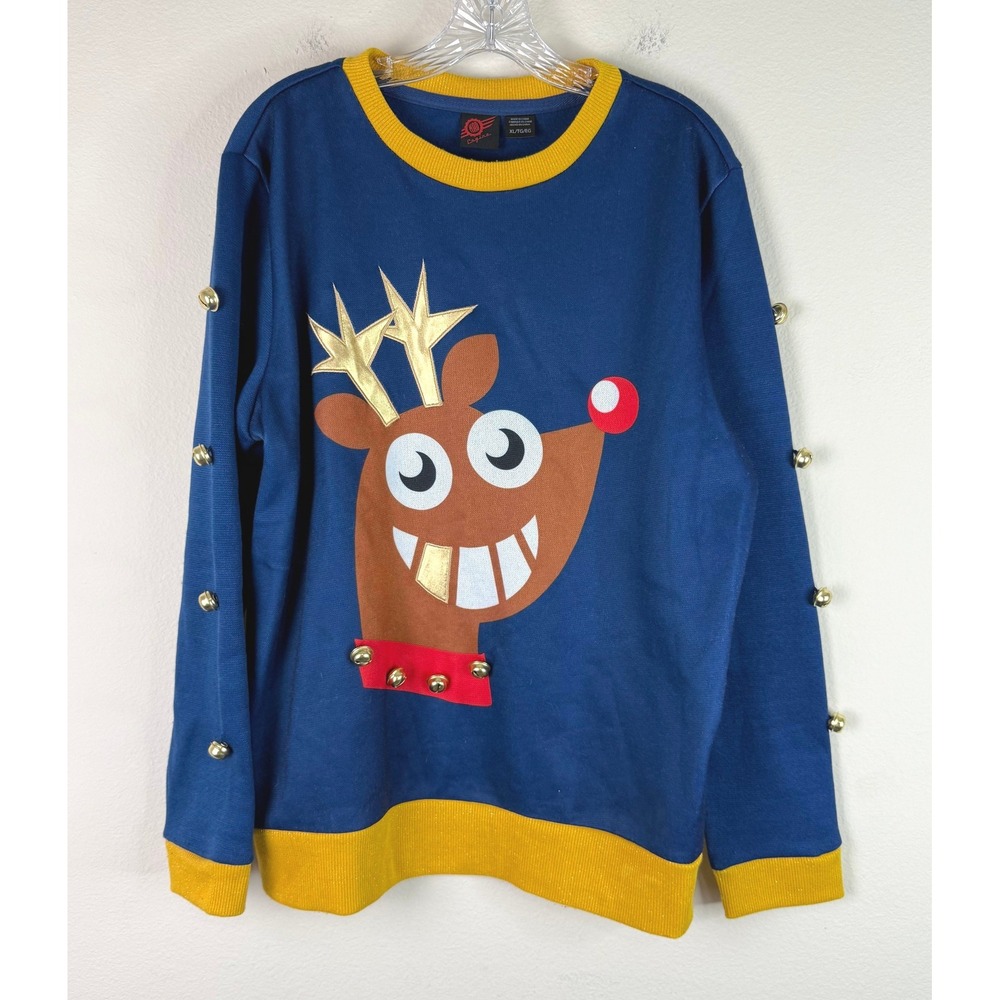 Mad Engine Sweatshirt Mens XL Reindeer Holiday Jingle Bell Blue Yellow Ugly